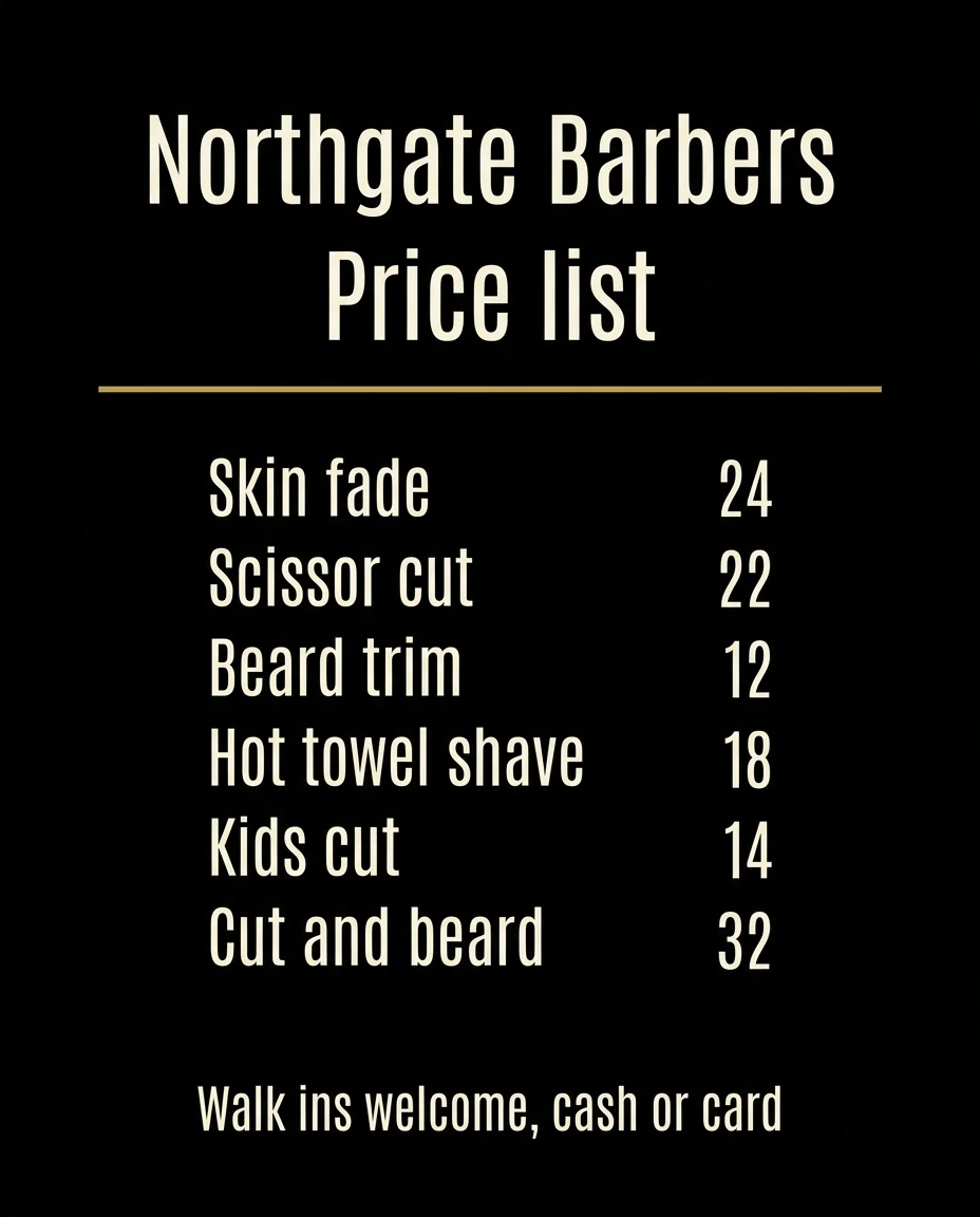 Barbershop Price List — an Instagram post for Northgate Barbers