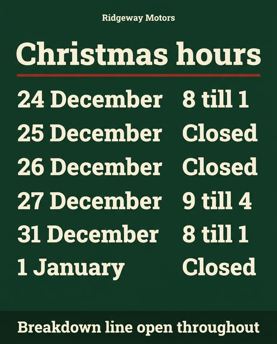 Christmas Hours — an Instagram post for Ridgeway Motors