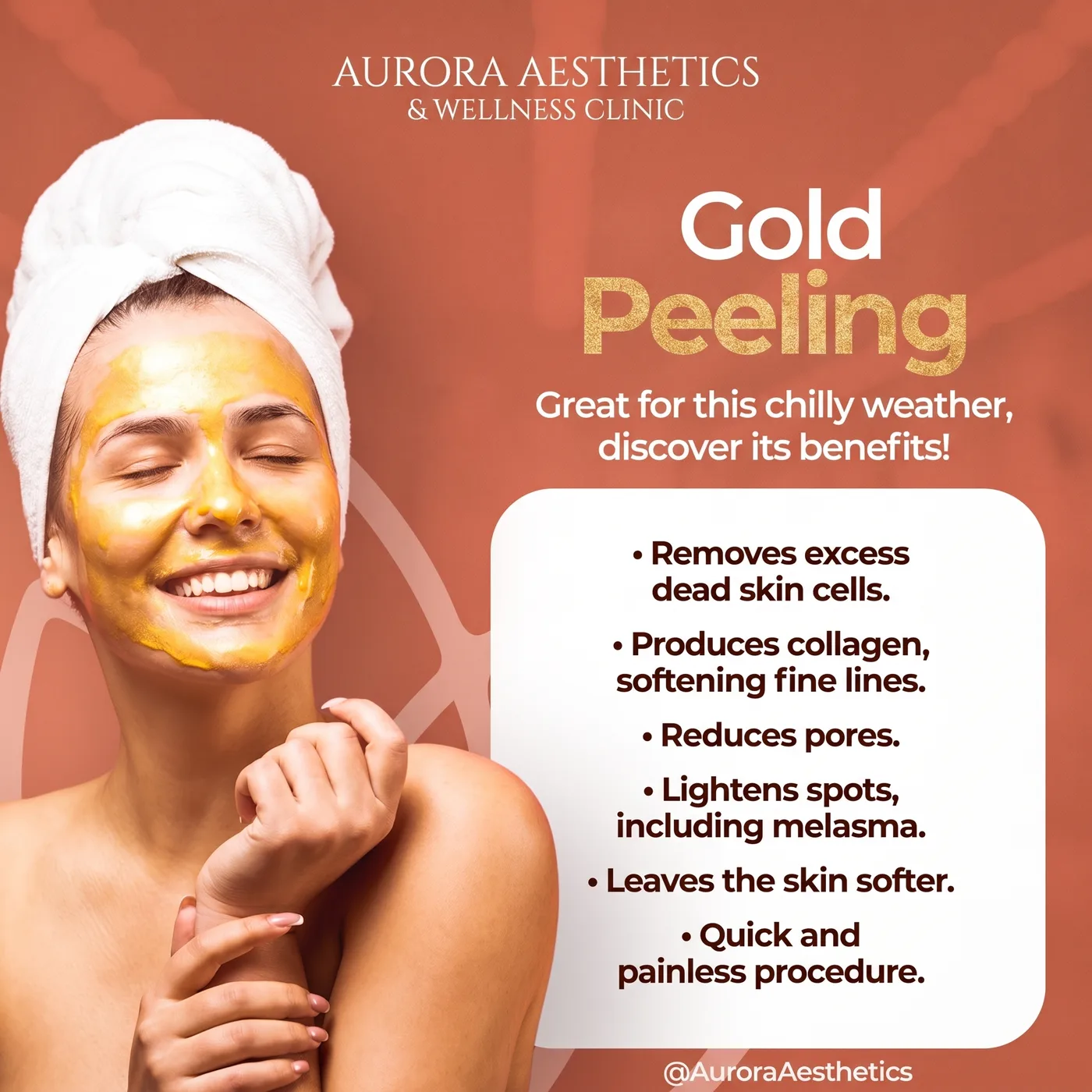 Gold Peeling Benefits — an Instagram post for AURORA AESTHETICS & WELLNESS CLINIC