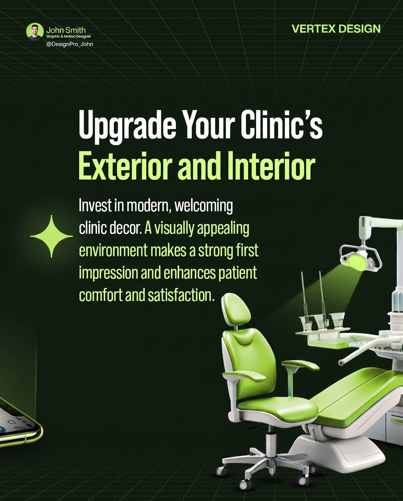 Upgrade Clinic Design — an Instagram post for VERTEX DESIGN