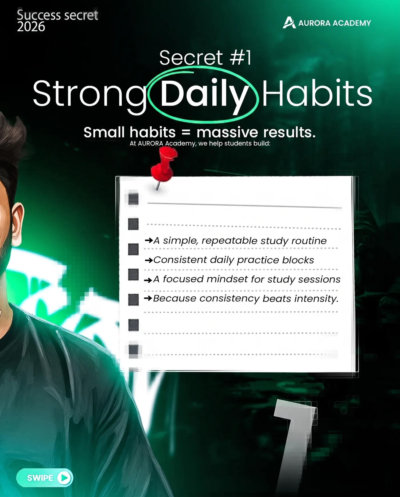 Strong Daily Habits — an Instagram post for AURORA ACADEMY