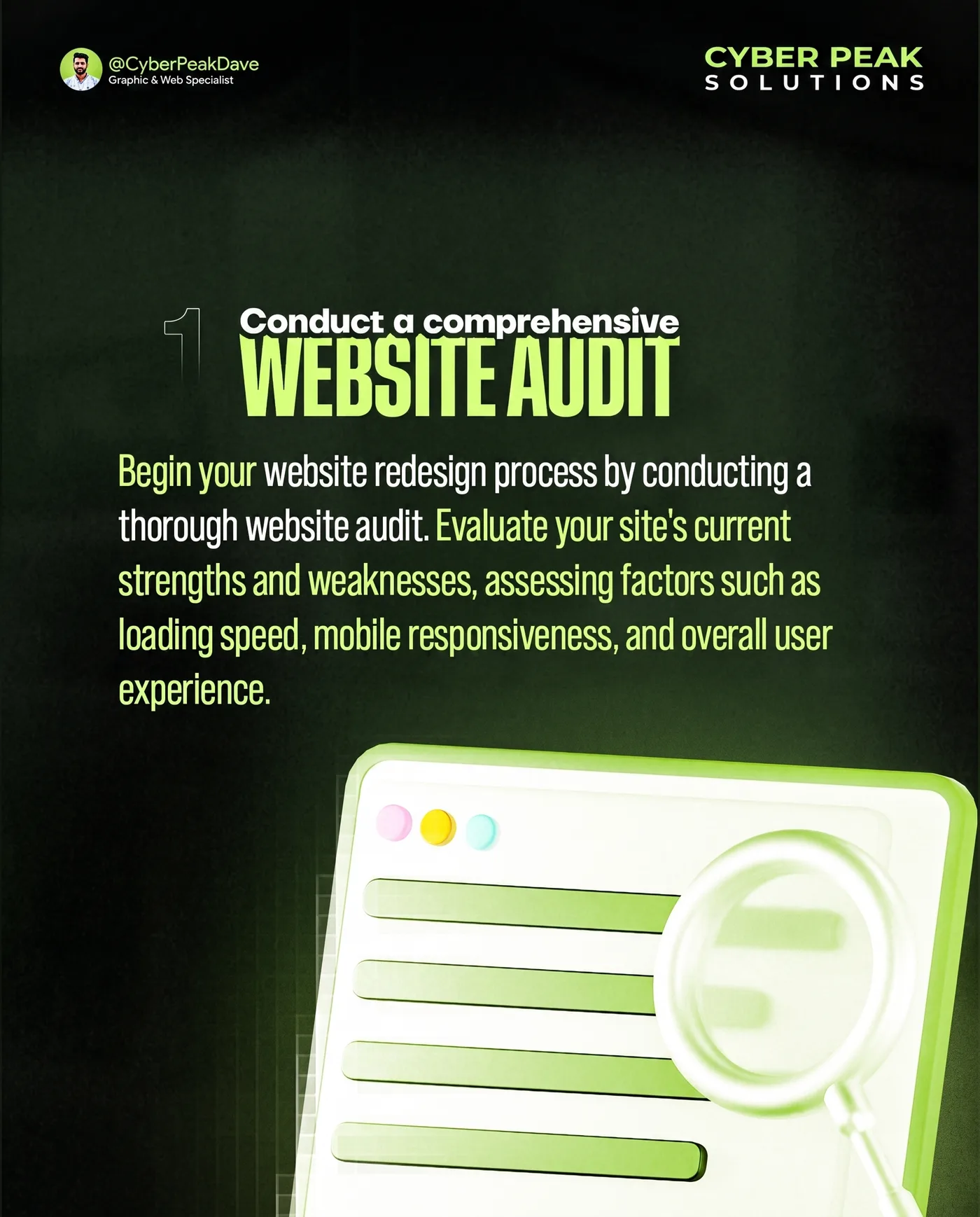 Website Audit Process — an Instagram post for CYBER PEAK SOLUTIONS