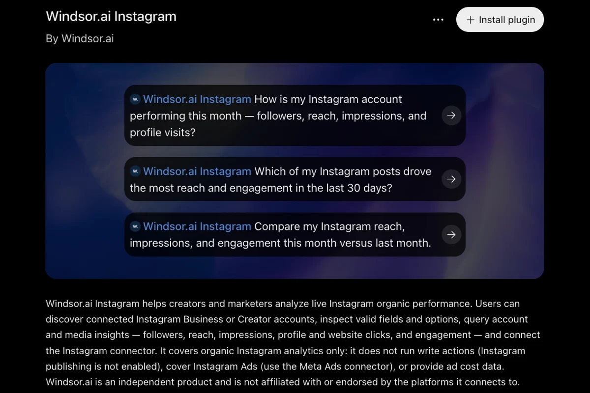 Windsor.ai Instagram listing in ChatGPT's plugin directory, saying it covers organic Instagram analytics only and does not run write actions because Instagram publishing is not enabled