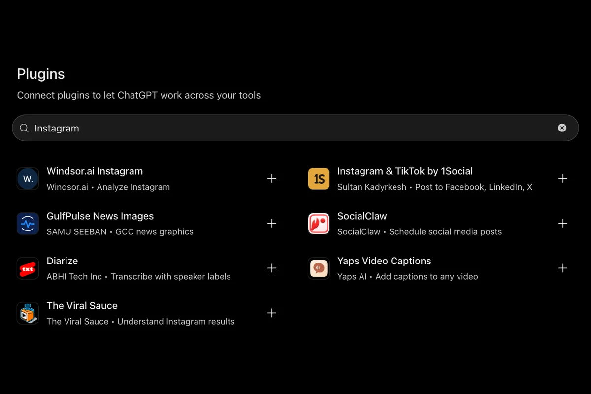 ChatGPT Plugins page searched for Instagram, listing Windsor.ai Instagram, Instagram and TikTok by 1Social, GulfPulse News Images, SocialClaw, Diarize, Yaps Video Captions and The Viral Sauce, each with a plus button
