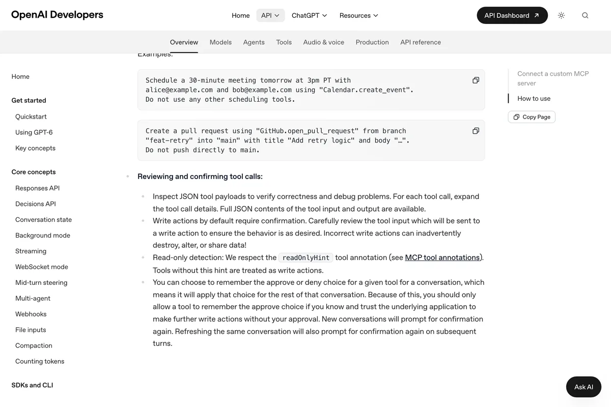 OpenAI developer guide, Reviewing and confirming tool calls: write actions by default require confirmation, incorrect write actions can inadvertently destroy, alter or share data, tools without the readOnlyHint annotation are treated as write actions, and approvals can be remembered for a conversation