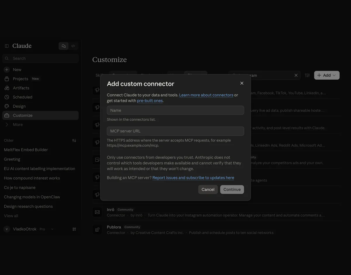 Claude's Add custom connector dialog, step 1 of 2, with a Name field, an MCP server URL field explained as the HTTPS address where the server accepts MCP requests, and a warning to only use connectors from developers you trust