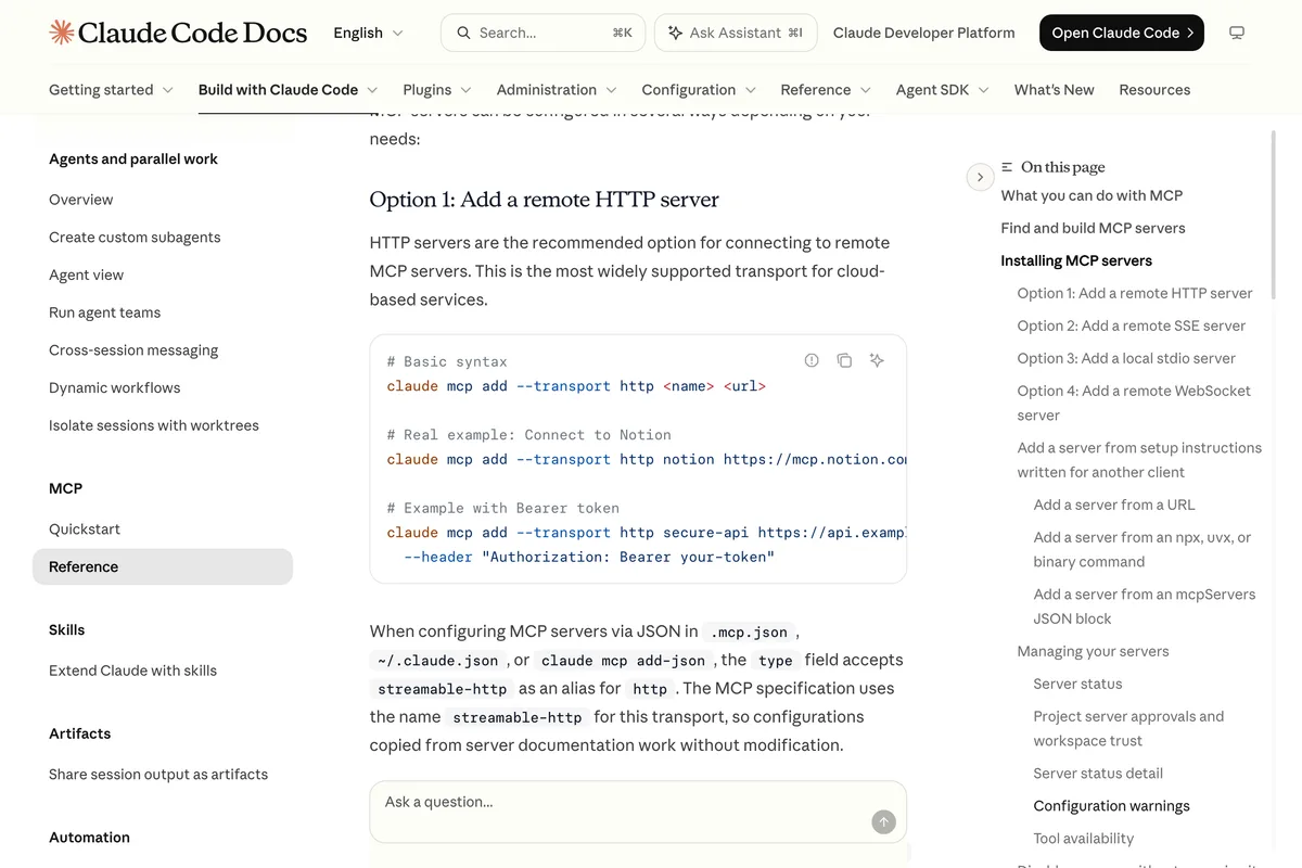 Claude Code documentation, Option 1: Add a remote HTTP server, showing the basic syntax claude mcp add --transport http name url and a real example connecting to Notion
