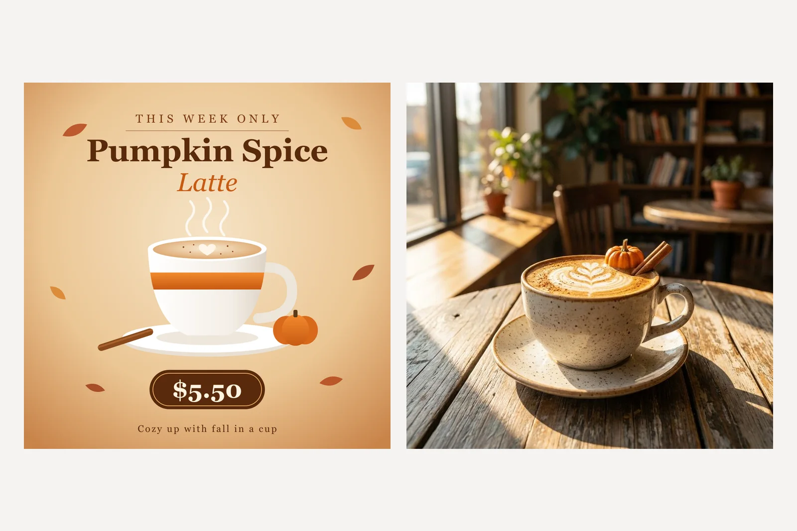 Two square images side by side: on the left a flat vector illustration of a pumpkin spice latte post with THIS WEEK ONLY, a white cup, a pumpkin, a cinnamon stick and a $5.50 badge, drawn by Claude Code as an SVG; on the right a photorealistic speckled ceramic cup of latte with leaf latte art on a weathered wooden café table in morning sun, made by Gemini 3 Pro Image when Claude Code called it