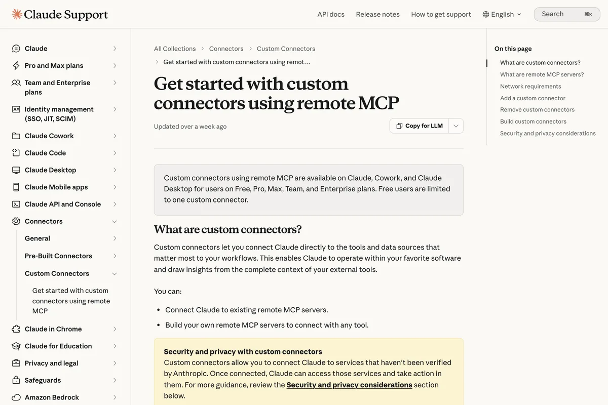 Claude Help Center article on custom connectors using remote MCP, the note that custom connectors are available on Free, Pro, Max, Team and Enterprise plans and that Free users are limited to one custom connector