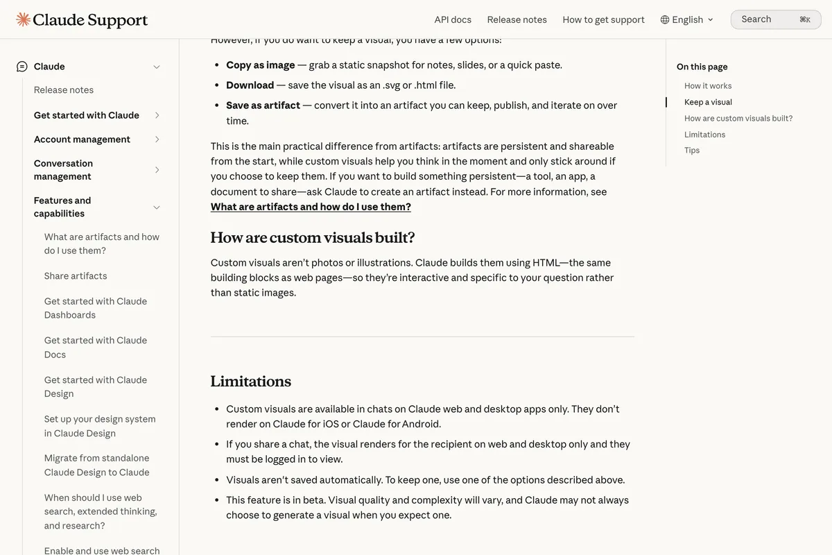 Claude Help Center article Custom visuals in chat and Cowork, section How are custom visuals built?, saying custom visuals aren't photos or illustrations and are built using HTML, with a limitations list below
