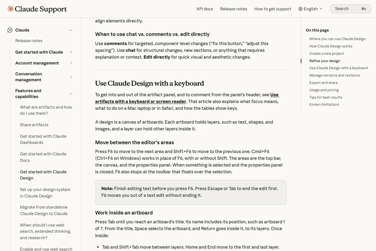 Claude Help Center, Get started with Claude Design, the paragraph explaining that a design is a canvas of artboards and each artboard holds layers such as text, shapes, and images