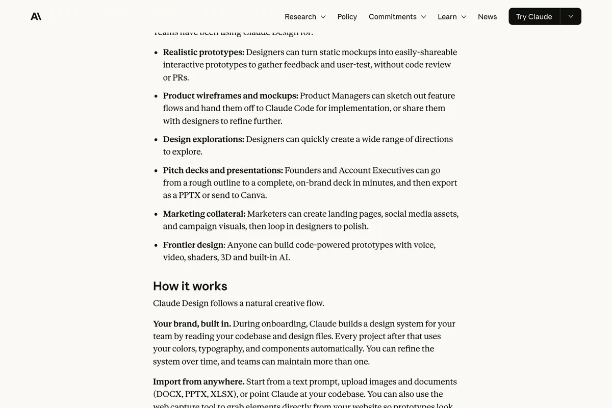 Anthropic's launch post for Claude Design, a list of use cases including realistic prototypes, product wireframes, design explorations, pitch decks, marketing collateral with social media assets and campaign visuals, and frontier design
