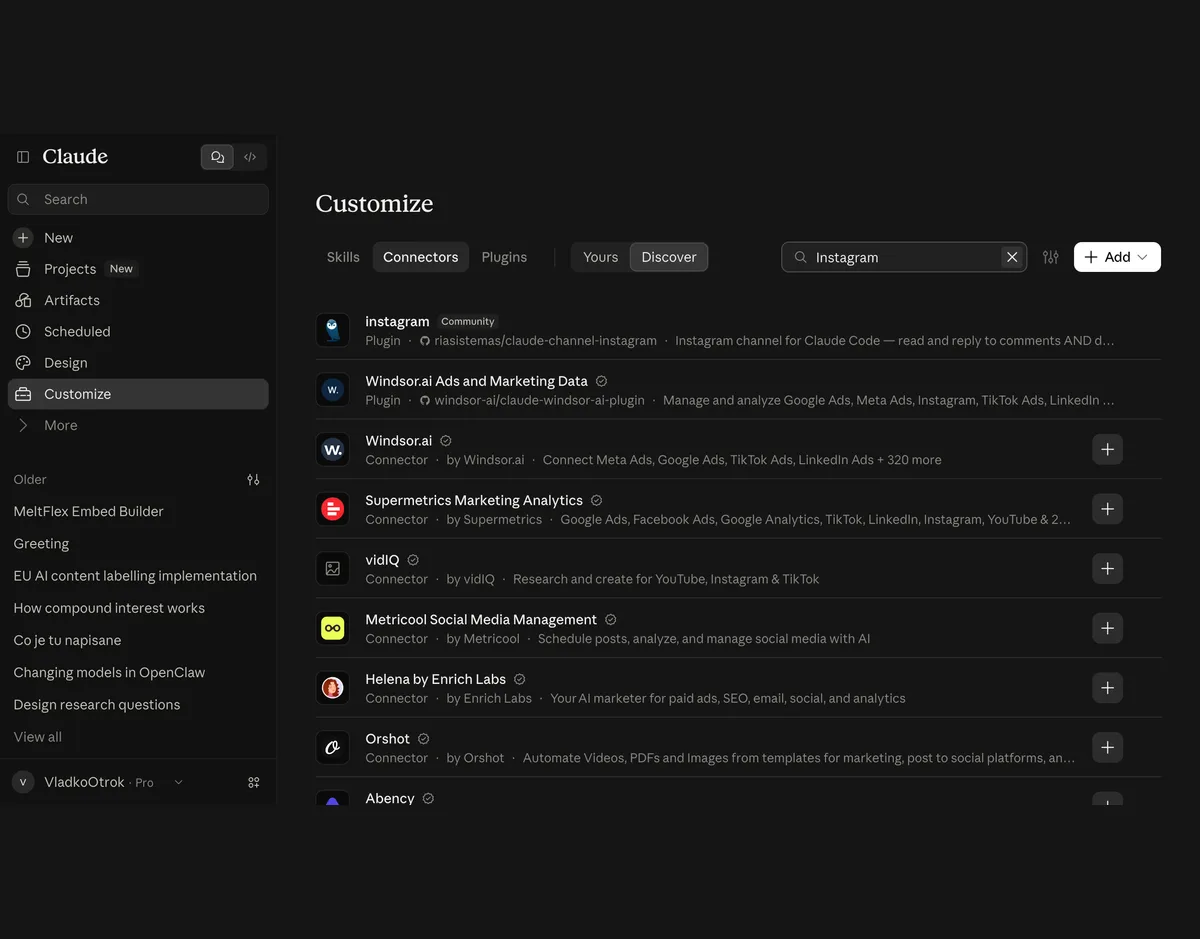 Claude's Customize page with the Connectors tab open and Instagram typed into the search box, listing Windsor.ai, Supermetrics Marketing Analytics, vidIQ, Metricool Social Media Management, Helena by Enrich Labs and Orshot, each with a plus button to connect