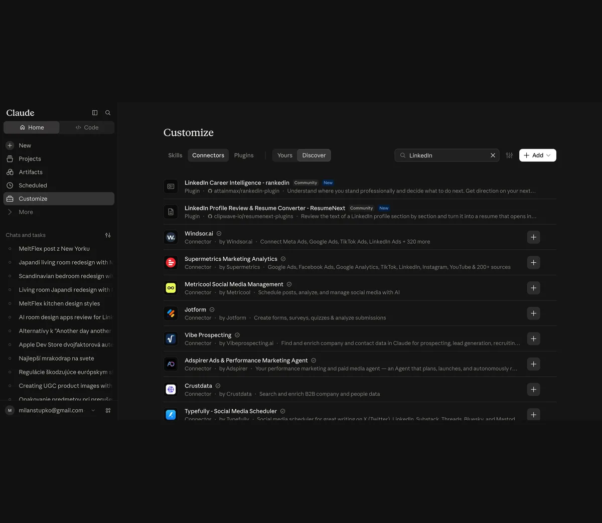 Claude's Customize page with the Connectors tab and Discover selected, search box containing LinkedIn, heading 252 results matching LinkedIn, with Windsor.ai, Supermetrics, Metricool, Jotform, Vibe Prospecting, Adspirer, Crustdata and Typefully listed