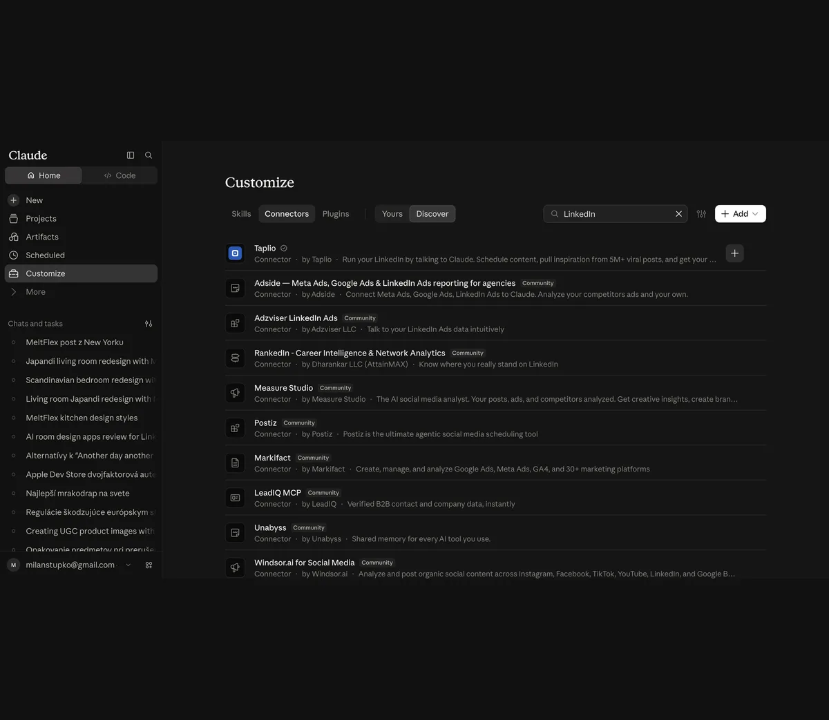Claude's connector directory scrolled to the Taplio entry, described as Run your LinkedIn by talking to Claude, followed by Adside, Adzviser LinkedIn Ads, RankedIn, Measure Studio, Postiz, Markifact, LeadIQ, Unabyss and Windsor.ai for Social Media