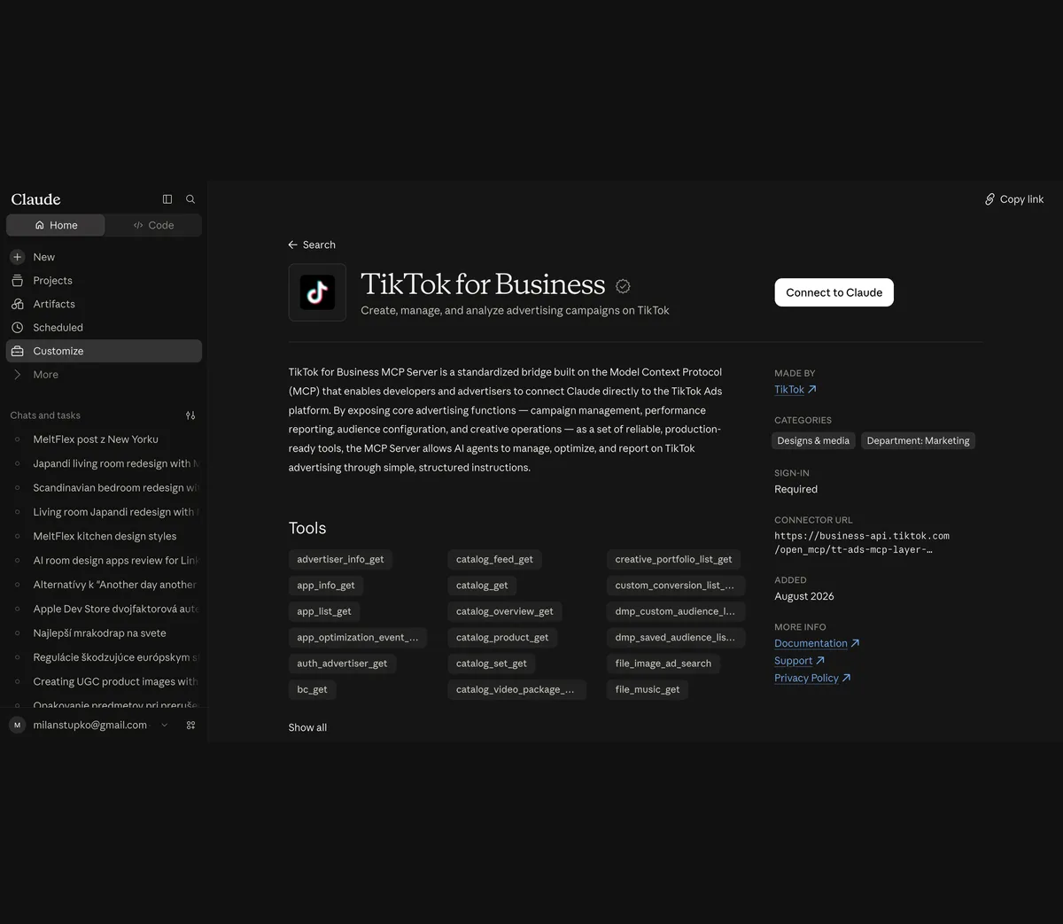 Claude directory entry for TikTok for Business: description of the MCP Server as a bridge to the TikTok Ads platform, a tools list starting with advertiser_info_get, app_info_get and catalog tools, Made by TikTok, Sign-in Required, connector URL business-api.tiktok.com/open_mcp/tt-ads-mcp-layer-anthropic, Added August 2026