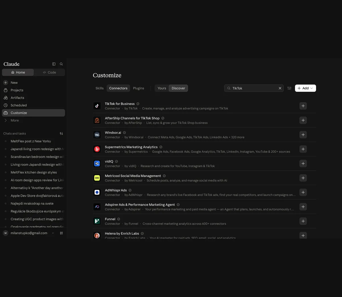 Claude's Customize page, Connectors tab, Discover, searched for TikTok, showing 232 results with TikTok for Business by TikTok first, then AfterShip Channels for TikTok Shop, Windsor.ai, Supermetrics, vidIQ, Metricool, AdWhispr, Adspirer, Funnel and Helena
