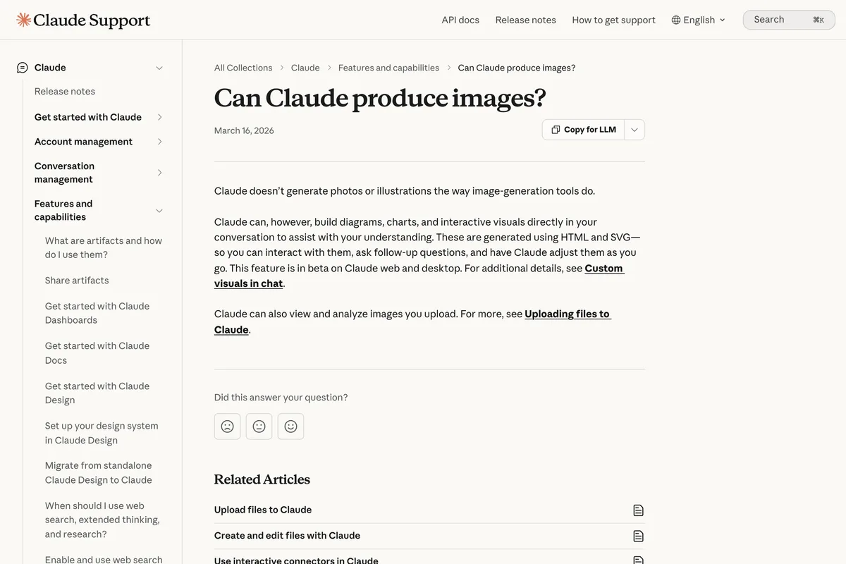 Claude Help Center article Can Claude produce images?, dated March 16, 2026, saying Claude doesn't generate photos or illustrations the way image-generation tools do, and that it builds diagrams, charts and interactive visuals using HTML and SVG