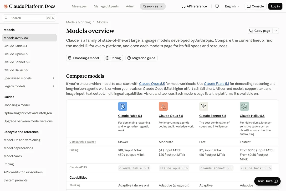 Claude Platform Docs models overview, the sentence that all current models support text and image input, text output, multilingual capabilities, vision, and tool use, above the comparison of Fable 5.1, Opus 5.5, Sonnet 5.5 and Haiku 5.5
