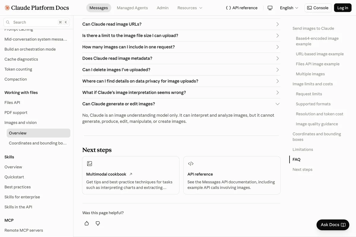 Claude Platform Docs vision page, FAQ entry Can Claude generate or edit images? opened, answering that Claude is an image understanding model only and cannot generate, produce, edit, manipulate, or create images