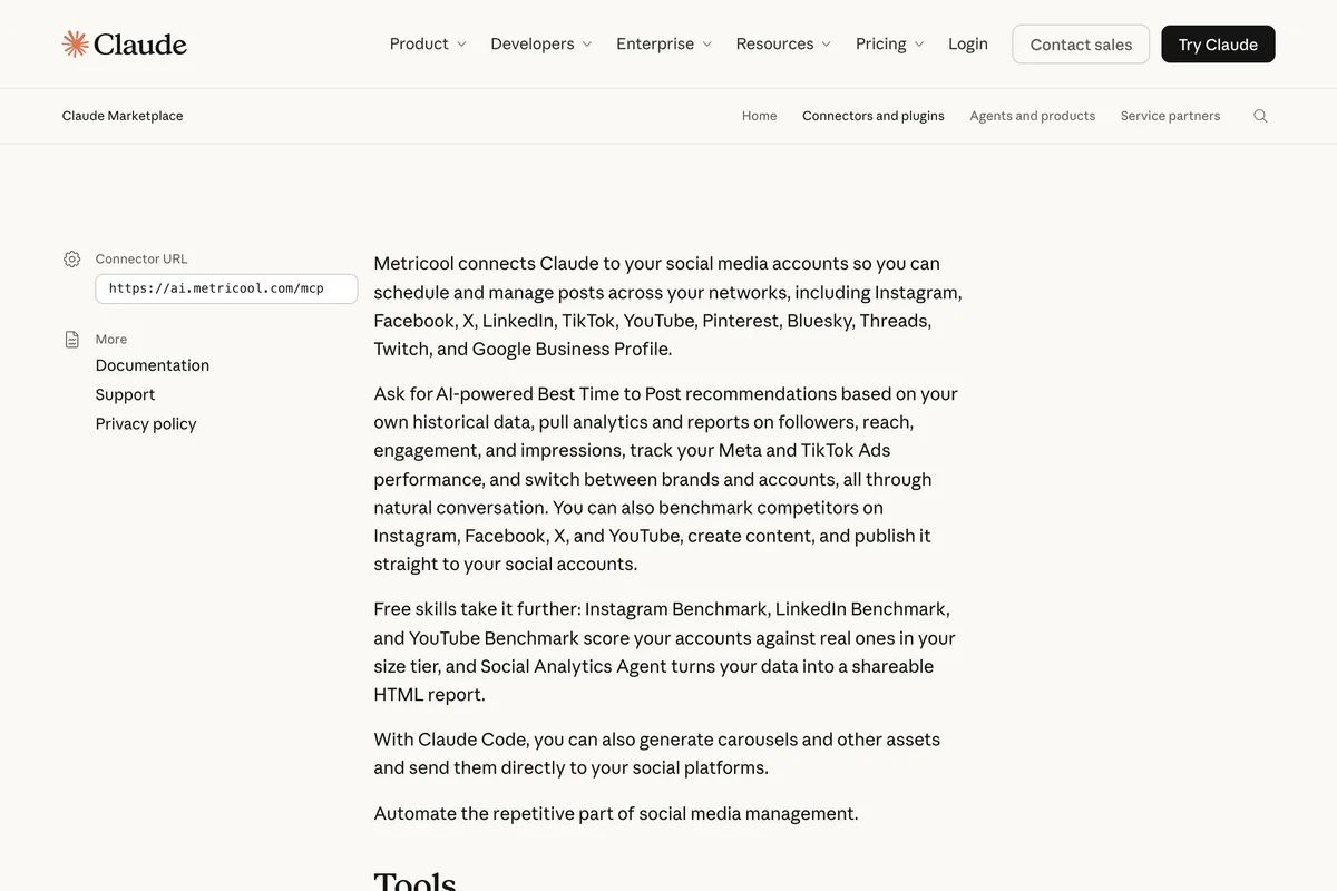 Claude connector directory listing for Metricool Social Media Management, connector URL ai.metricool.com/mcp, describing scheduling and managing posts across Instagram, Facebook, X, LinkedIn, TikTok, YouTube, Pinterest, Bluesky, Threads, Twitch and Google Business Profile, and creating content and publishing it straight to your social accounts