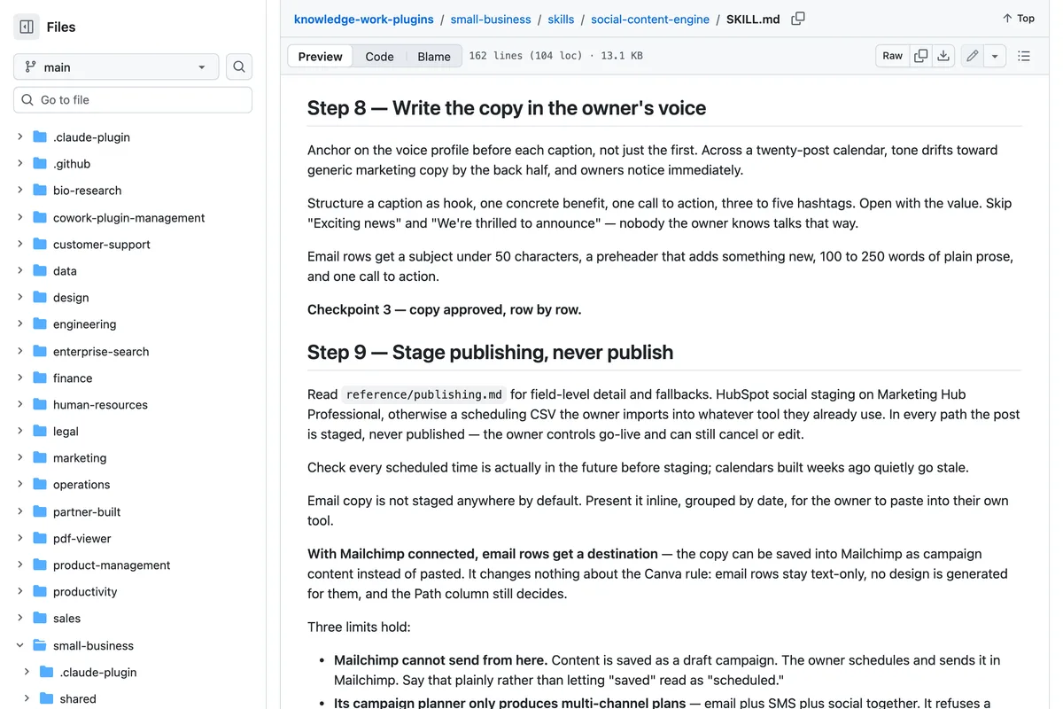 GitHub, anthropics/knowledge-work-plugins, small-business/skills/social-content-engine/SKILL.md, showing Step 8 Write the copy in the owner's voice and Step 9 Stage publishing, never publish, with HubSpot social staging on Marketing Hub Professional or a scheduling CSV