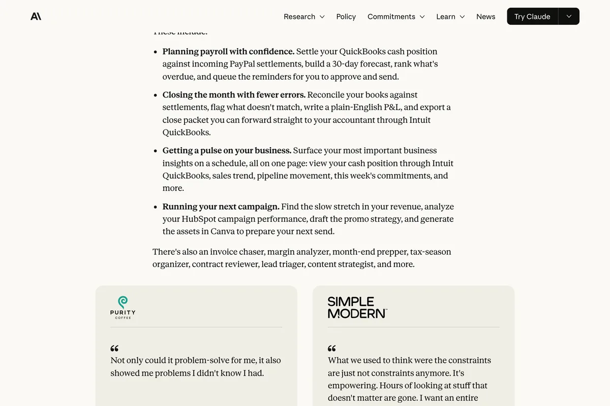 Anthropic's Claude for Small Business launch post, the list of jobs including planning payroll, closing the month, getting a pulse on your business and running your next campaign with HubSpot campaign analysis and assets generated in Canva