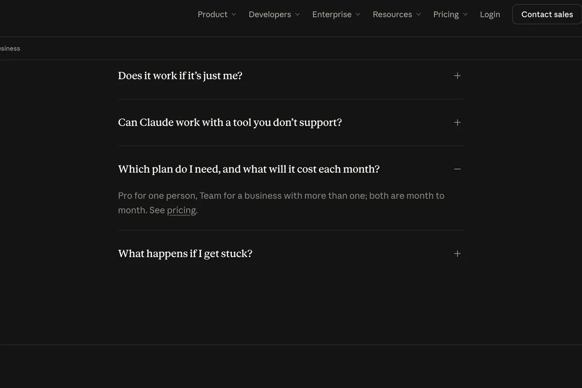 The FAQ on Claude's small business solutions page with the question Which plan do I need, and what will it cost each month? opened, answering Pro for one person, Team for a business with more than one; both are month to month