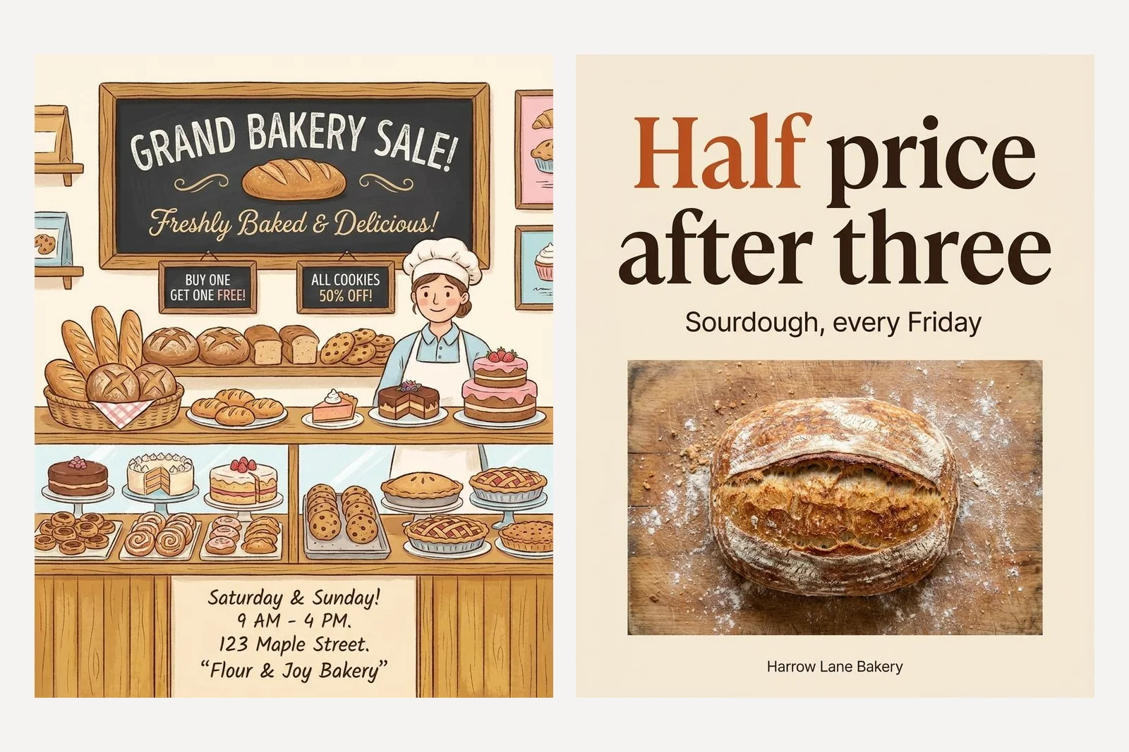 Two generated bakery posters side by side. The left is a busy illustrated shop scene reading Grand Bakery Sale with an invented address and offers. The right is a clean cream poster reading Half price after three above one loaf of sourdough