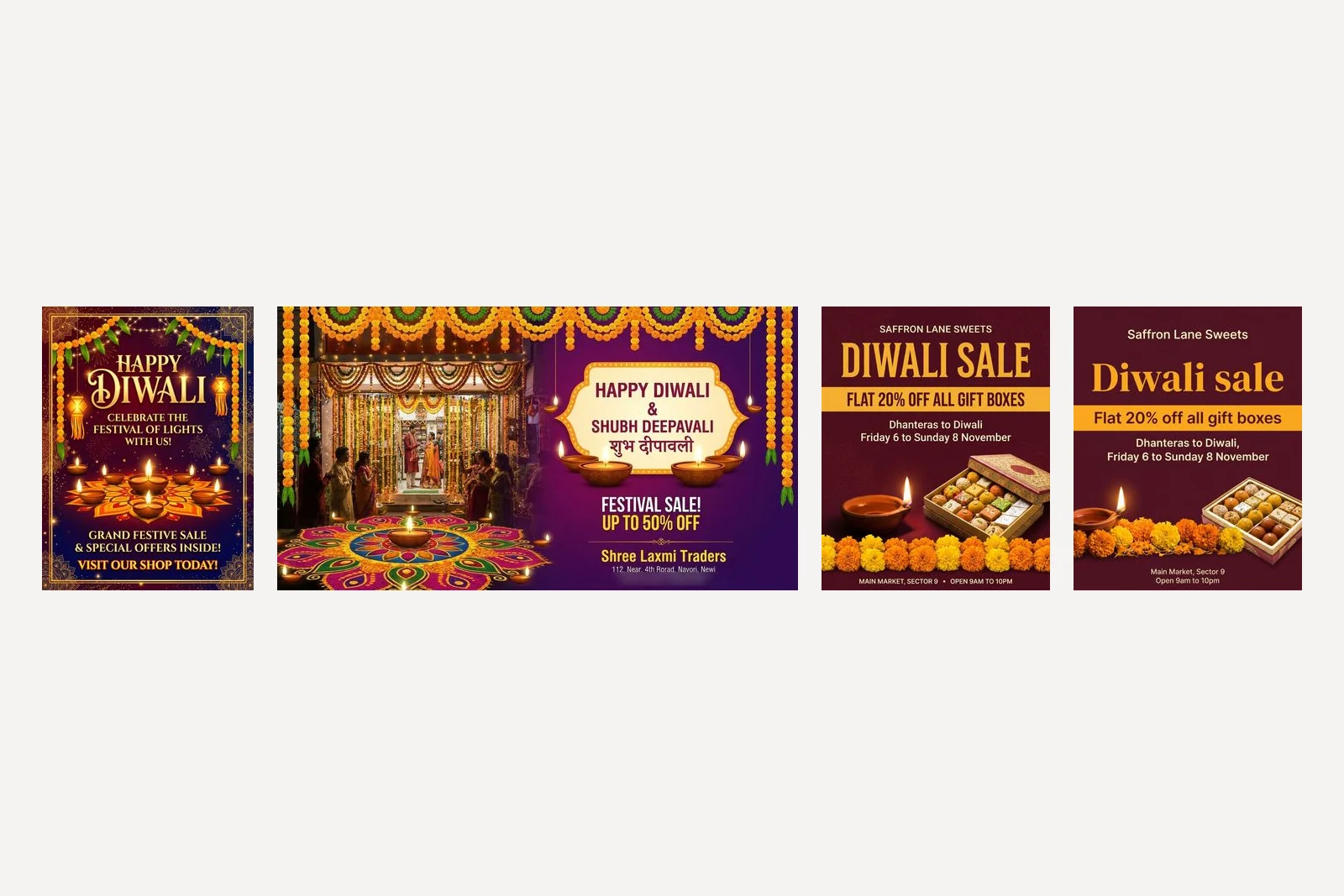 Four generated Diwali posters. The first two come from a one-line prompt: a generic Happy Diwali poster with a made-up festive sale, and a wide poster for an invented shop called Shree Laxmi Traders with an invented 50 percent sale and address. The last two come from the full brief and read Saffron Lane Sweets, Diwali sale, Flat 20% off all gift boxes