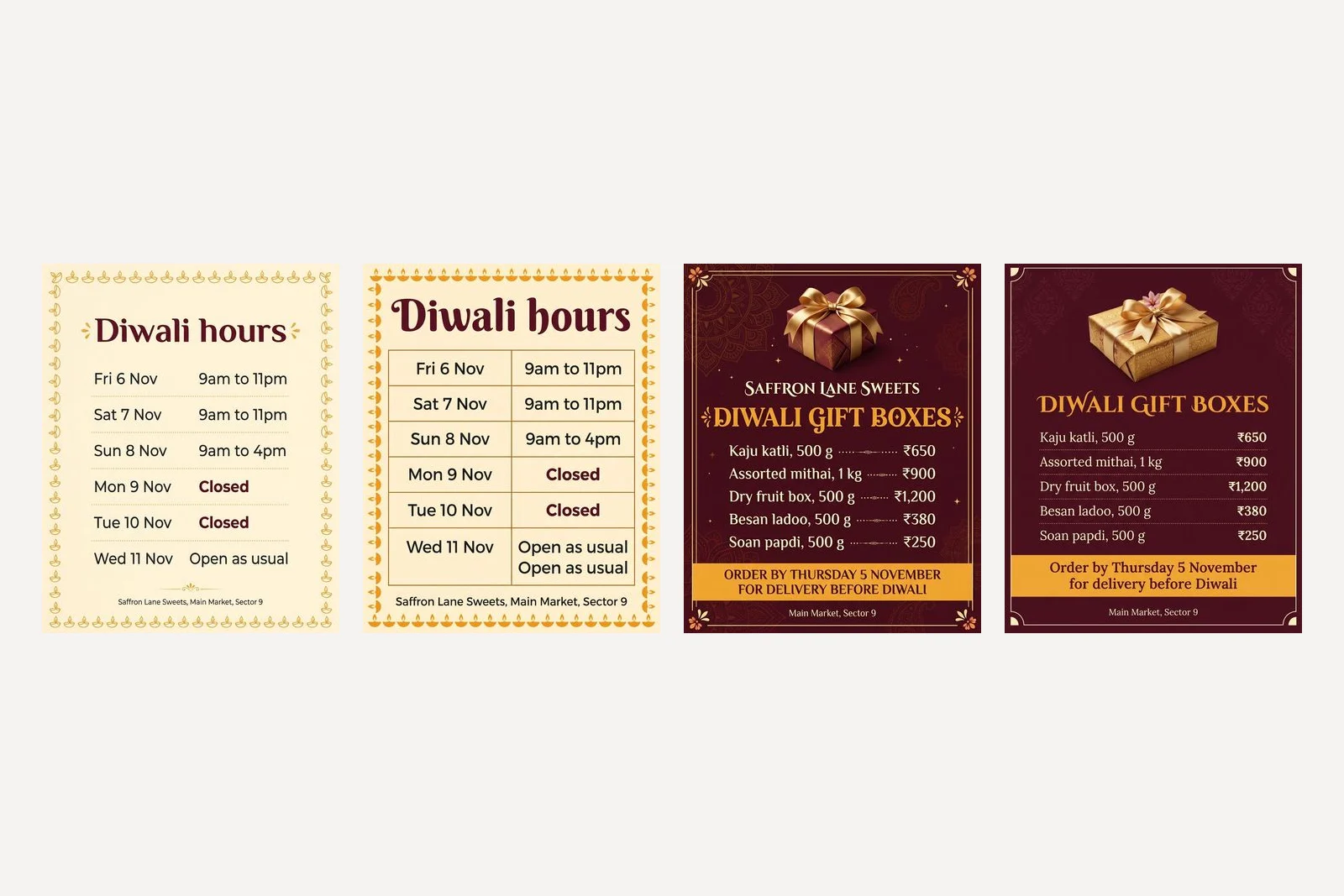 Four generated posts. Two Diwali hours tables for Saffron Lane Sweets, the second with Open as usual printed twice in the last row, and two Diwali gift box price lists in rupees, all prices correct