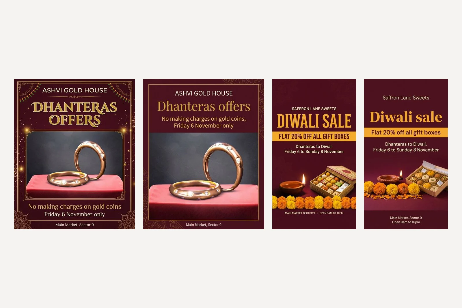 Four generated posts. Two Dhanteras posters for Ashvi Gold House built around the same photo of two gold rings on a red cloth, and two tall WhatsApp Status versions of the Saffron Lane Sweets Diwali sale poster