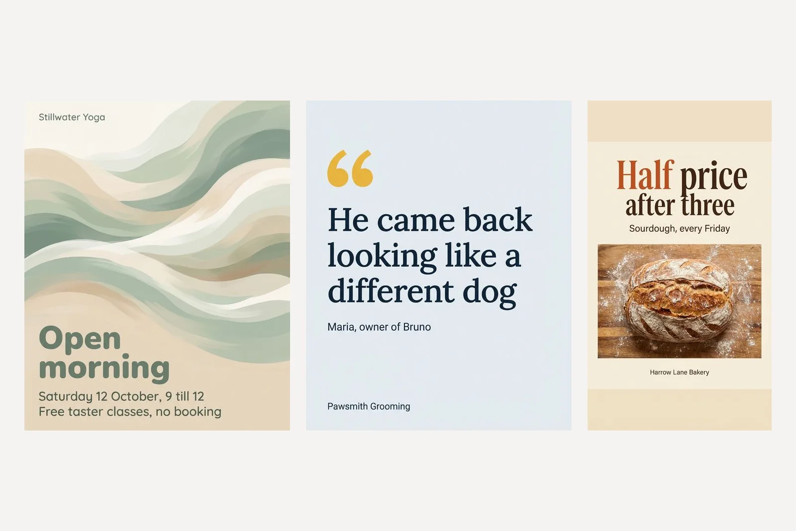 Three generated posts side by side: a yoga studio open morning announcement over soft sage and sand waves, a customer review set as large serif type with a yellow quotation mark, and a tall Story version of the bakery offer