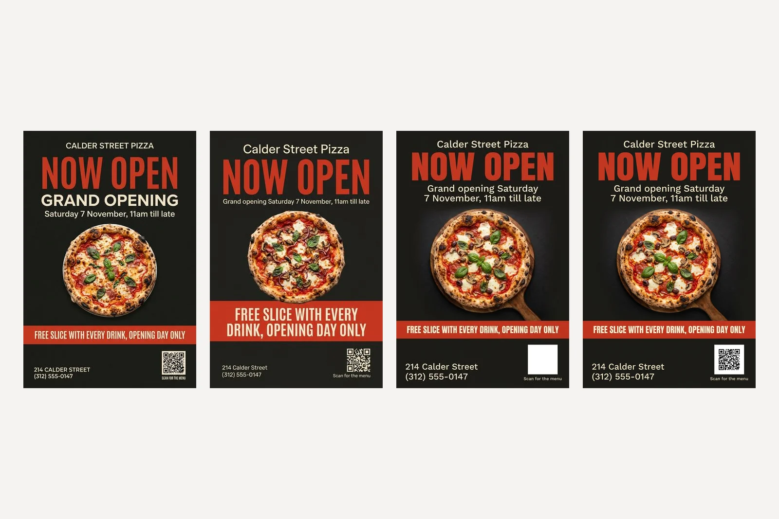 Four Calder Street Pizza flyers. The first two have QR codes drawn by Nano Banana 2.1 and Pro that do not scan. The third has an empty white square in the corner. The fourth is the same flyer with a real QR code pasted into the square