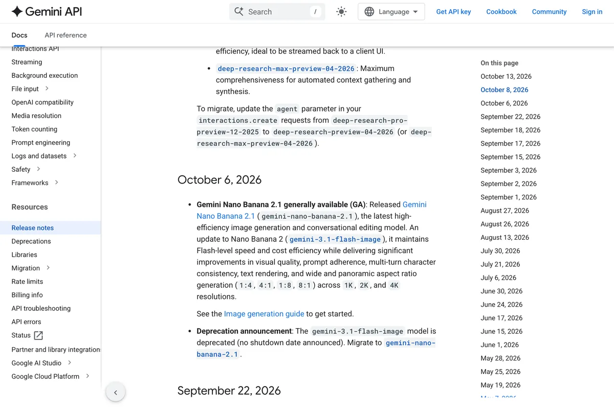 Google's Gemini API release notes for October 6, 2026, announcing Gemini Nano Banana 2.1 as generally available and gemini-3.1-flash-image as deprecated