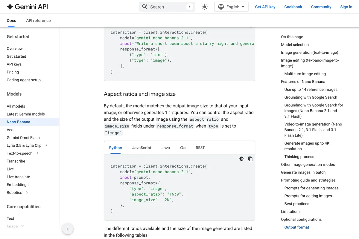 Google's Gemini API documentation section Aspect ratios and image size, saying the model matches the input image size or otherwise generates 1:1 squares