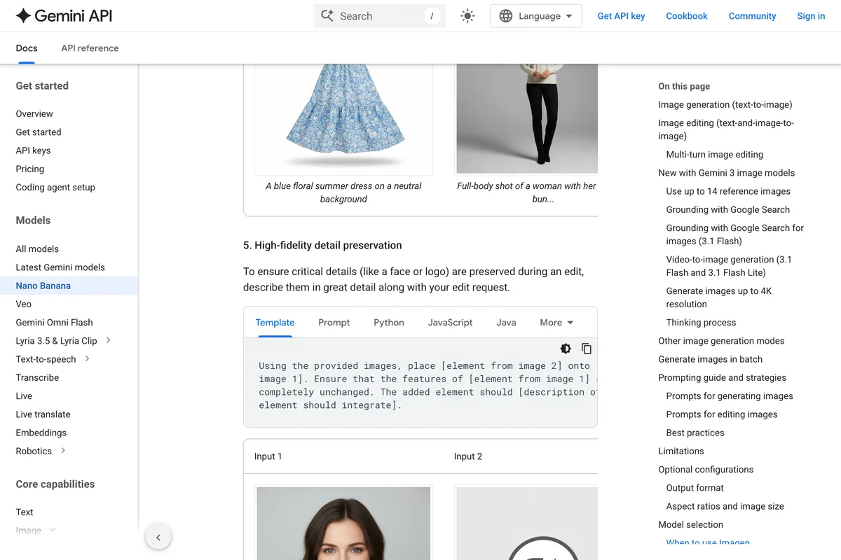 Google AI for Developers page Image generation with Gemini, section 5 High-fidelity detail preservation, advising that to ensure critical details like a face or logo are preserved during an edit, you describe them in great detail along with your edit request