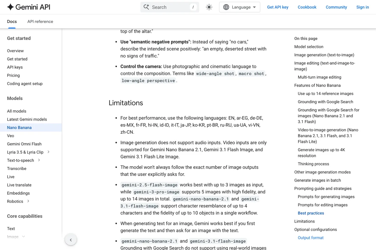 Google's Gemini API image generation documentation, Limitations section: For best performance, use the following languages: EN, ar-EG, de-DE, es-MX, fr-FR, hi-IN, id-ID, it-IT, ja-JP, ko-KR, pt-BR, ru-RU, ua-UA, vi-VN, zh-CN