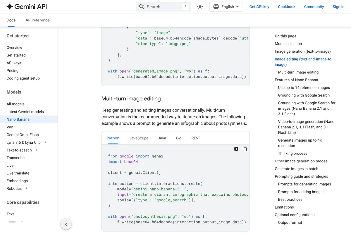 Google's Gemini API documentation section Multi-turn image editing, recommending multi-turn conversation as the way to iterate on images