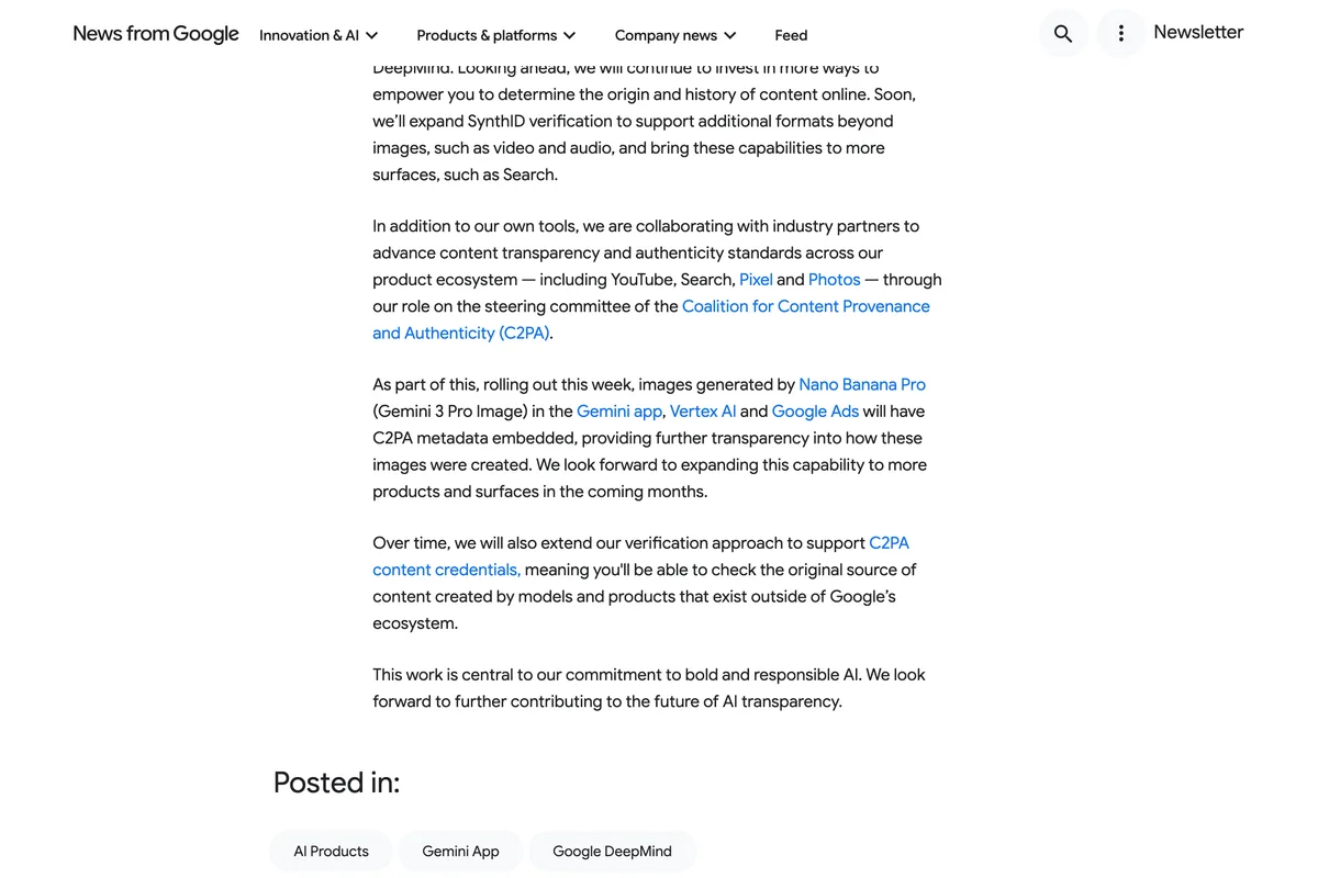 Google's blog post on AI image verification, showing the paragraph stating that images generated by Nano Banana Pro in the Gemini app, Vertex AI and Google Ads will have C2PA metadata embedded