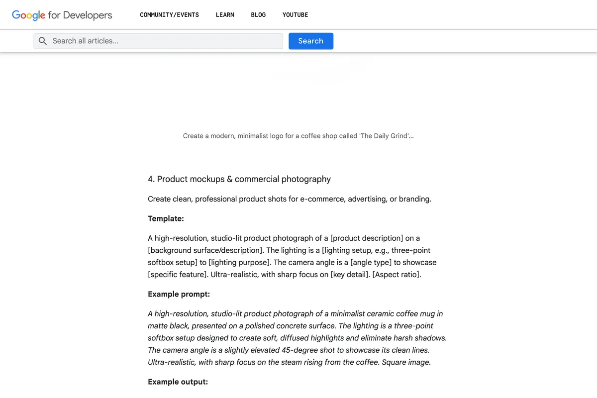 Google for Developers blog post on prompting Gemini 2.5 Flash Image, section 4 Product mockups and commercial photography, with a template for a studio-lit product photograph of a product description and an example prompt for a matte black ceramic coffee mug