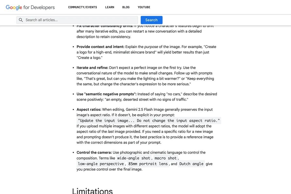 Google for Developers blog best practices list, including the advice to use semantic negative prompts and describe the desired scene positively