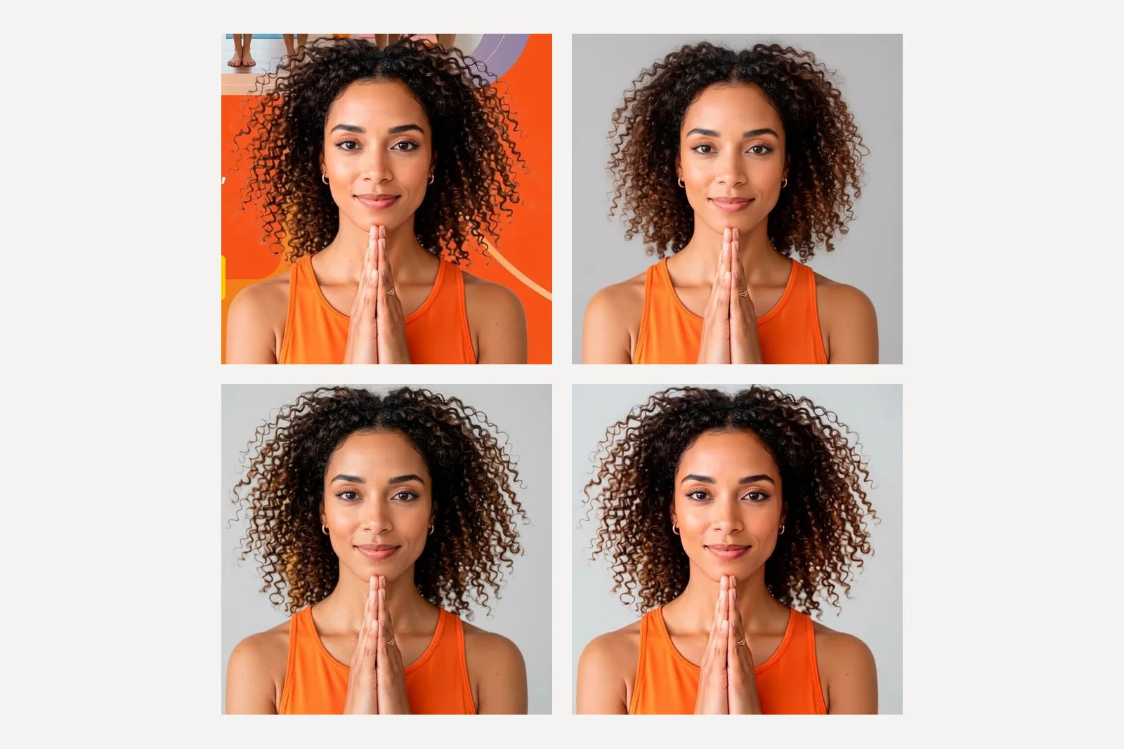 The reference woman on an orange layout and three versions with only the background replaced by light grey: Nano Banana with visibly thinner, smaller curls, and Nano Banana 2 and Nano Banana Pro almost identical to the original, down to the ring on her finger
