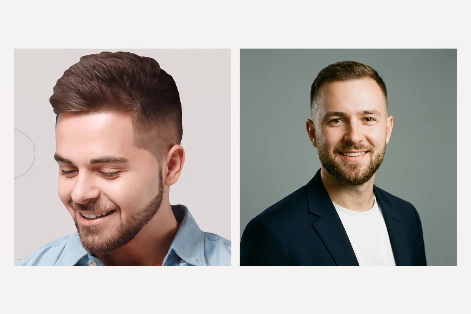 The reference man next to a Nano Banana Pro headshot made from a written description of him with no photo attached, showing a clearly different man with a receding hairline