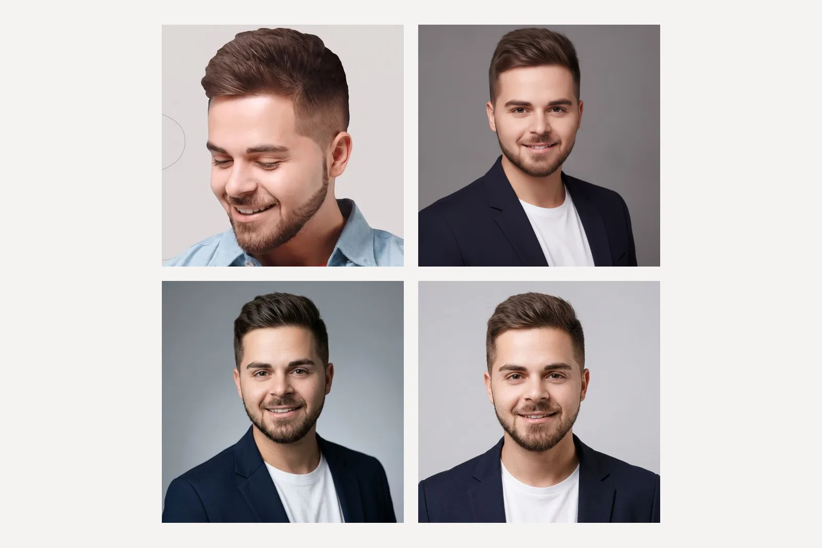 The reference man and three LinkedIn headshots of him in a navy blazer and white t-shirt on grey: Nano Banana made him look younger and softer, Nano Banana 2 gave him darker hair and a broader face, Nano Banana Pro stayed closest to the original