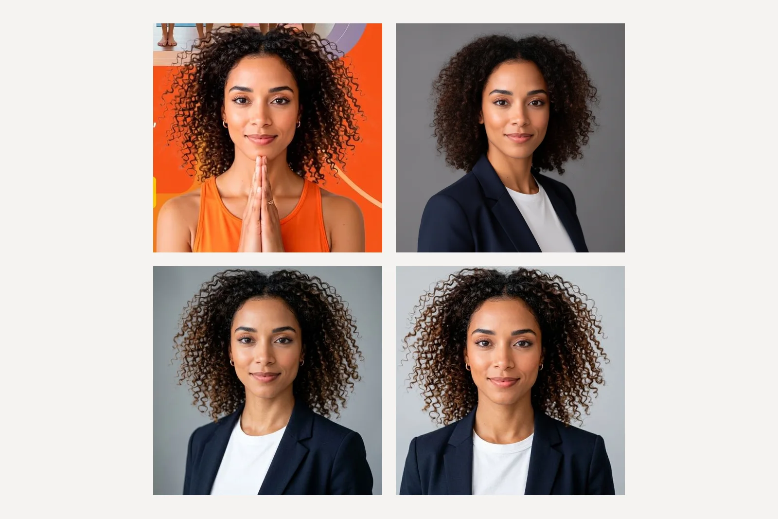 The reference woman and three LinkedIn headshots of her in a navy blazer and white t-shirt on grey: Nano Banana changed her curls to a tighter, darker, shorter shape and removed her earrings, while Nano Banana 2 and Nano Banana Pro kept her hair and gold hoops