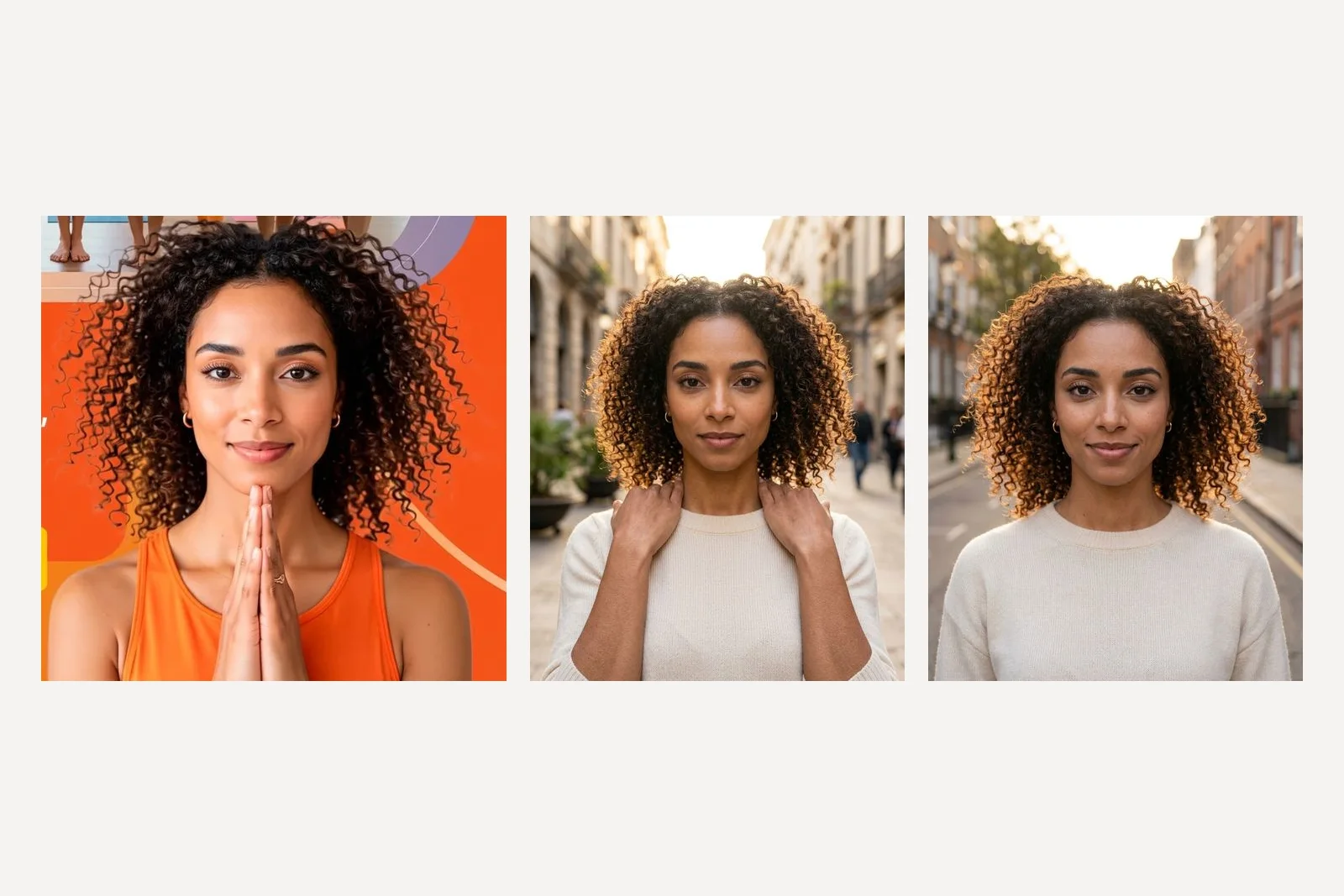 The reference woman and two outdoor portraits made with her face described in words: Nano Banana 2, now much closer to her face but with her hands raised to her collar, and Nano Banana Pro, very close to the original