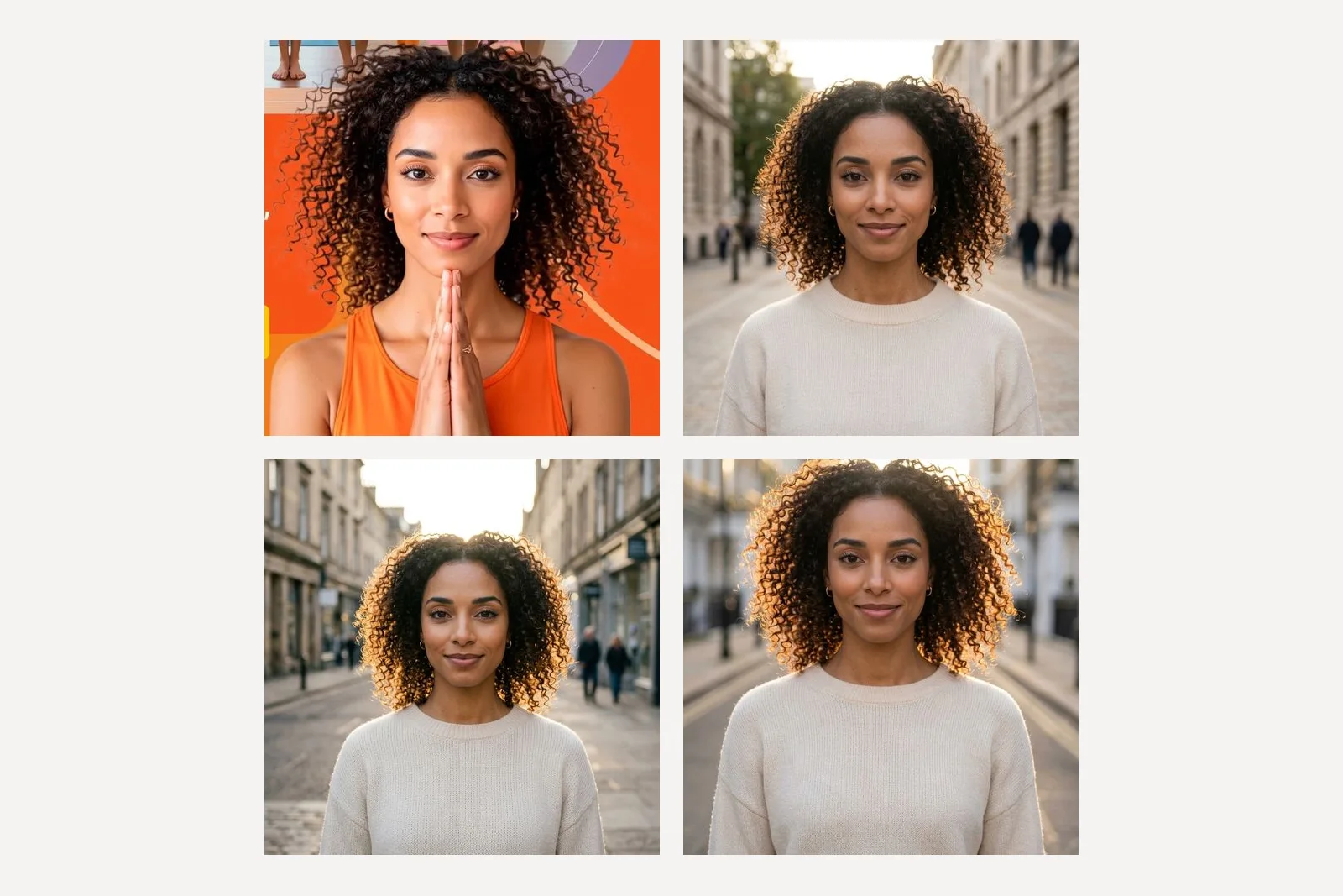 The reference woman and three outdoor portraits on a city street in a cream jumper: two Nano Banana 2 runs of the same prompt, both with a noticeably different, rounder face and shorter hair, and a Nano Banana Pro result much closer to the original