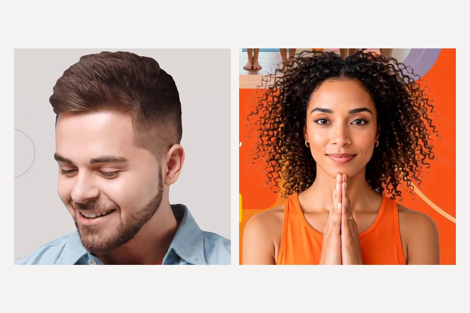 The two starting photos: a smiling man with a short beard looking down with his eyes nearly closed, in a light blue shirt, and a woman with long dark curls and gold hoop earrings, hands pressed together, cut out on an orange graphic layout