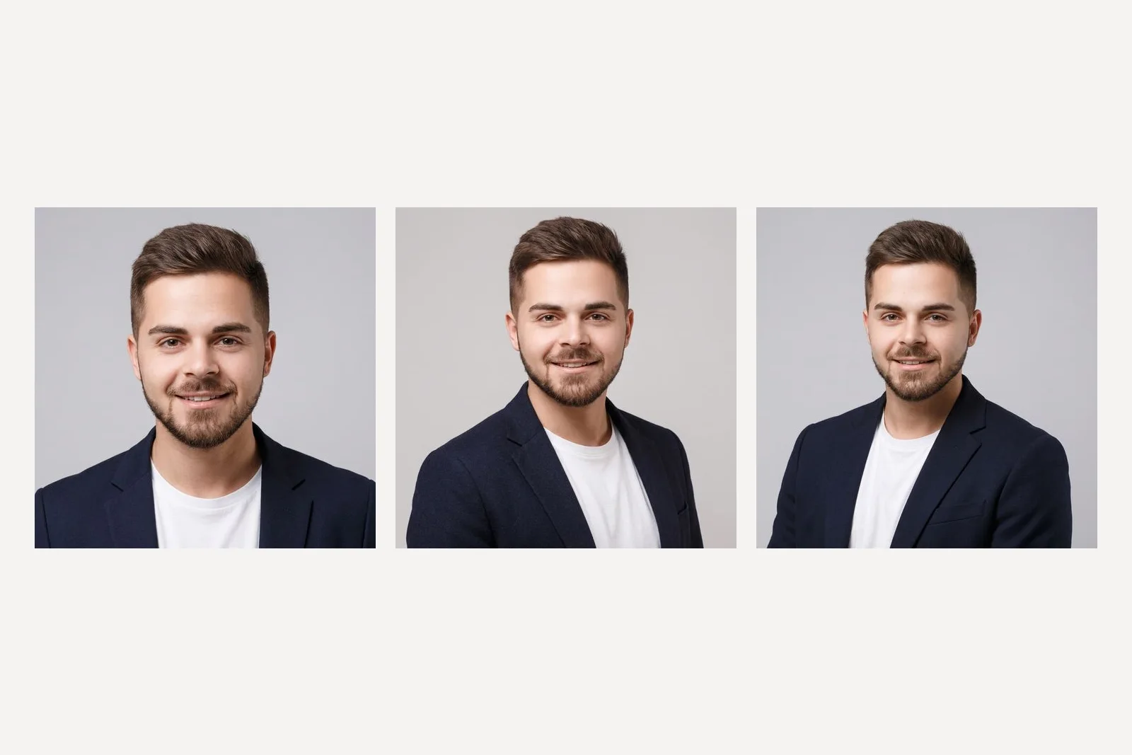 Three Nano Banana Pro LinkedIn headshots of the same man: the first run, a second run of the identical prompt, and a run with the keep sentence removed, all very similar